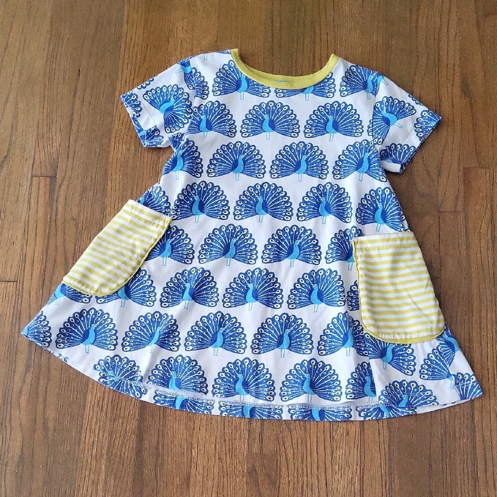 Mini Boden Blue and White Peacock Print A-Line Dress with Crew Neck